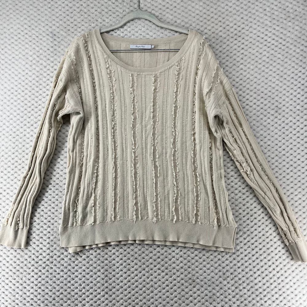 Harper Lane‎ Fringe Sweater Knit Pullover Long Sleeve Beige Casual Large